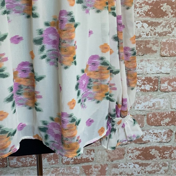 ENTRO Floral Blouse Large Cream Lavender Orange Smocked Semi-Sheer Boho - Picture 7 of 12